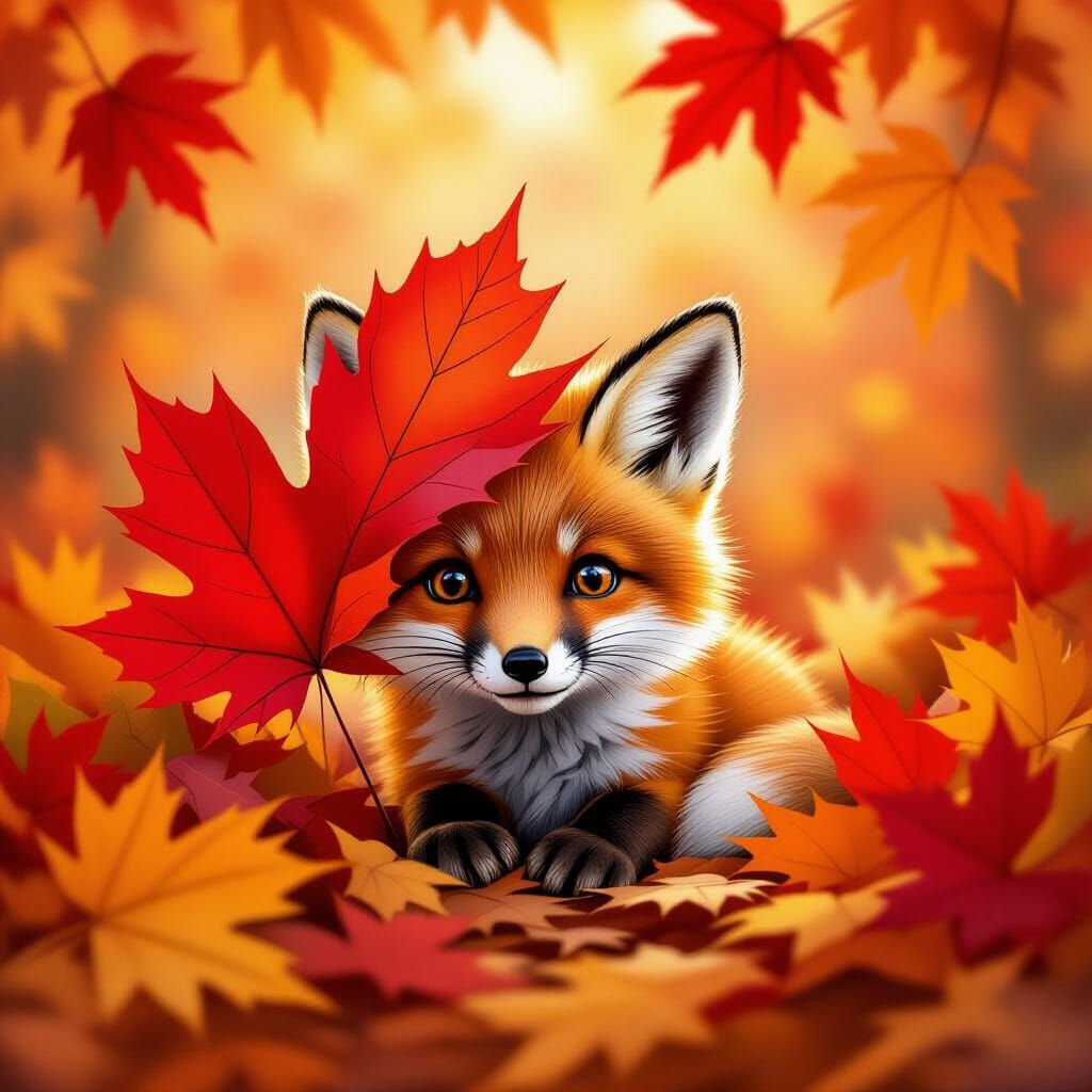 Cute Fox Cub Peeking Under Crimson Maple Leaf in Storybook S...