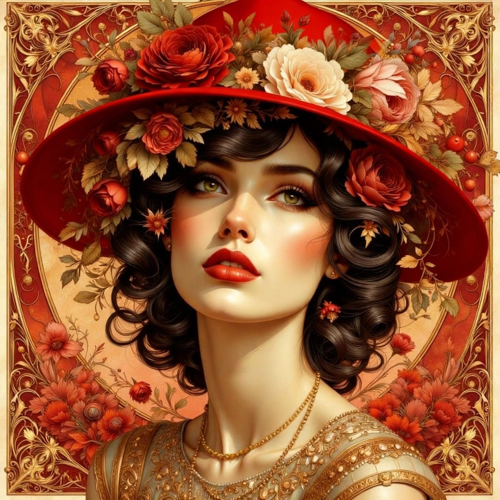 Art Nouveau Punk Woman Portrait in Red and Gold