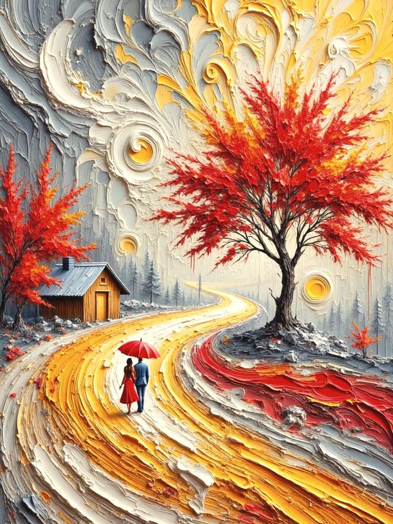 Golden Path to Cabin in Textured Oil Painting Style