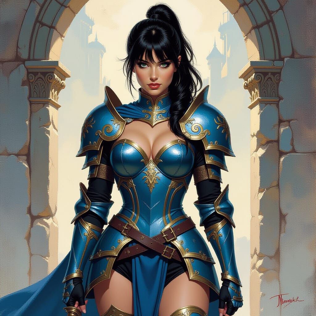 Azure Knight in High Fantasy Oil Painting Style