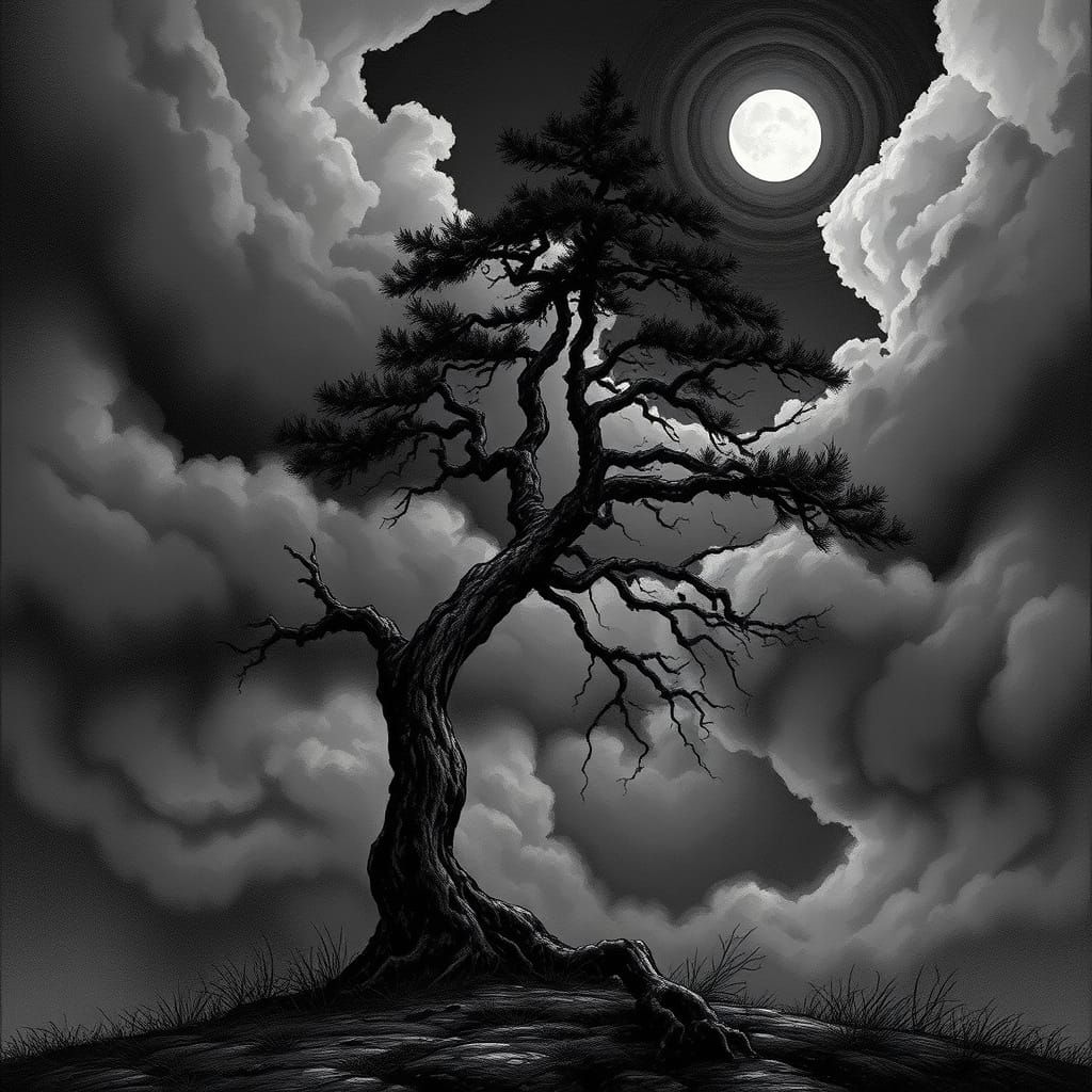 Twisted Pine Tree in a Haunting, Stormy Landscape