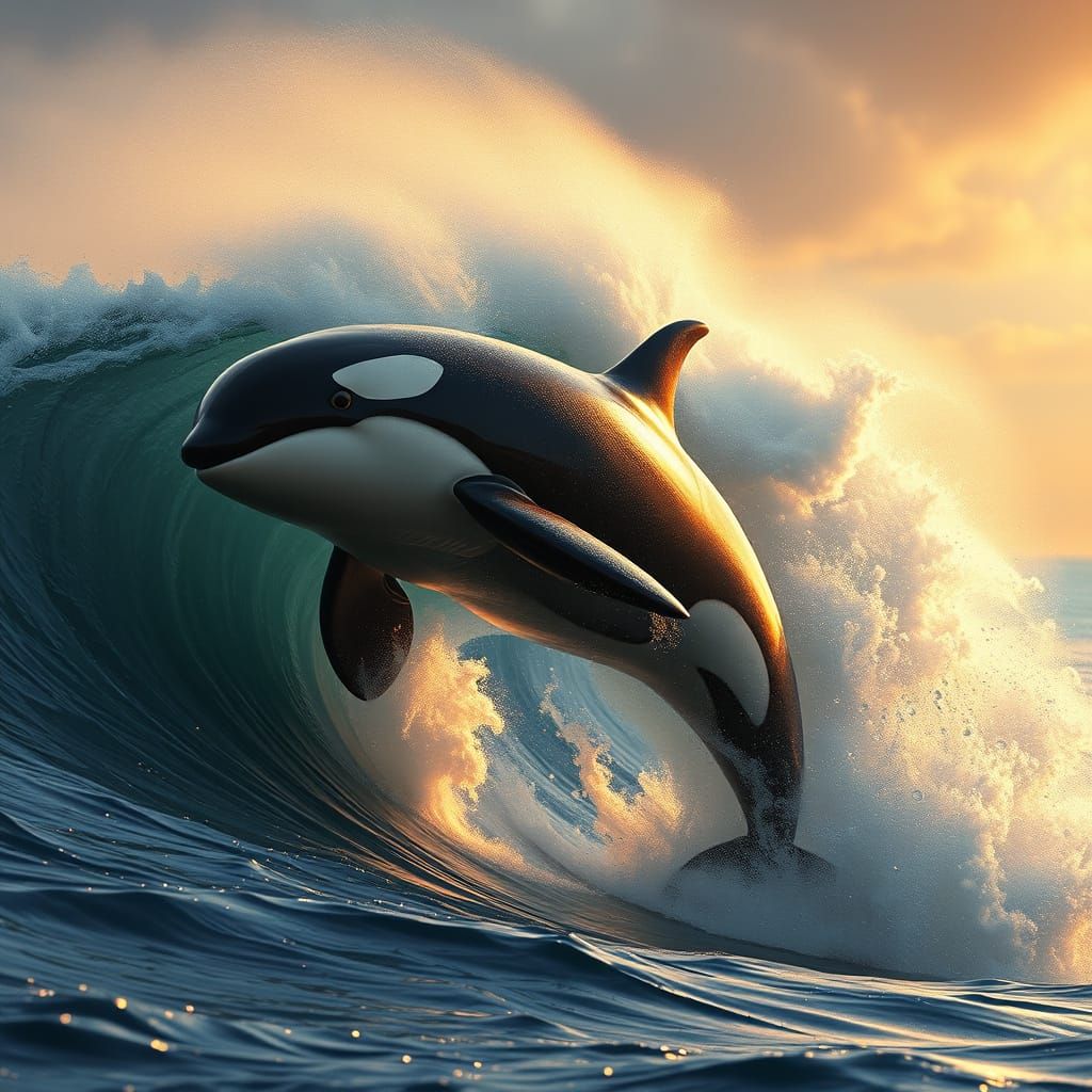 Majestic Orca Leaps from Turbulent Wave in a Golden Light