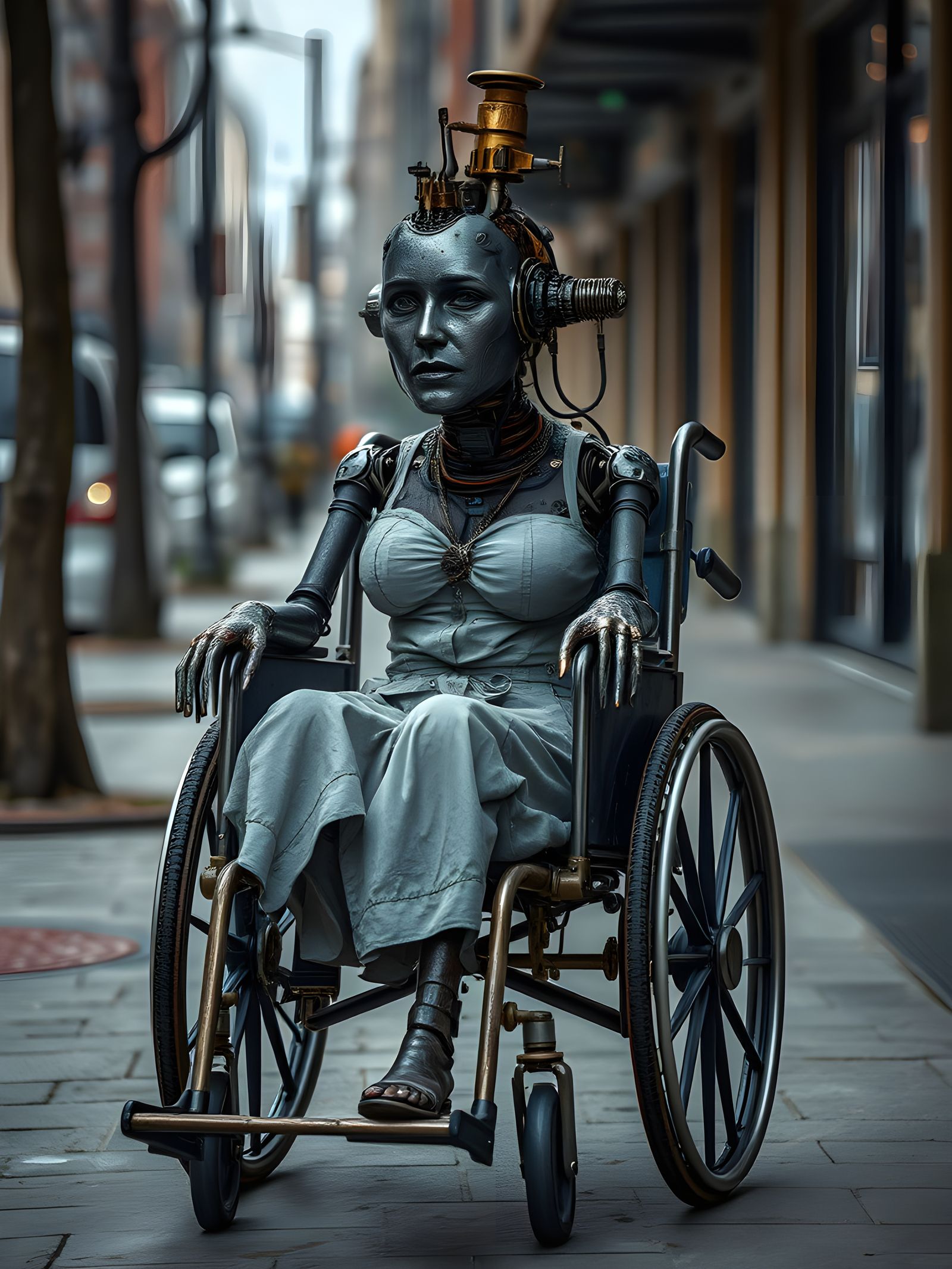 Steampunk Metal Goddess Amidst City Landscape