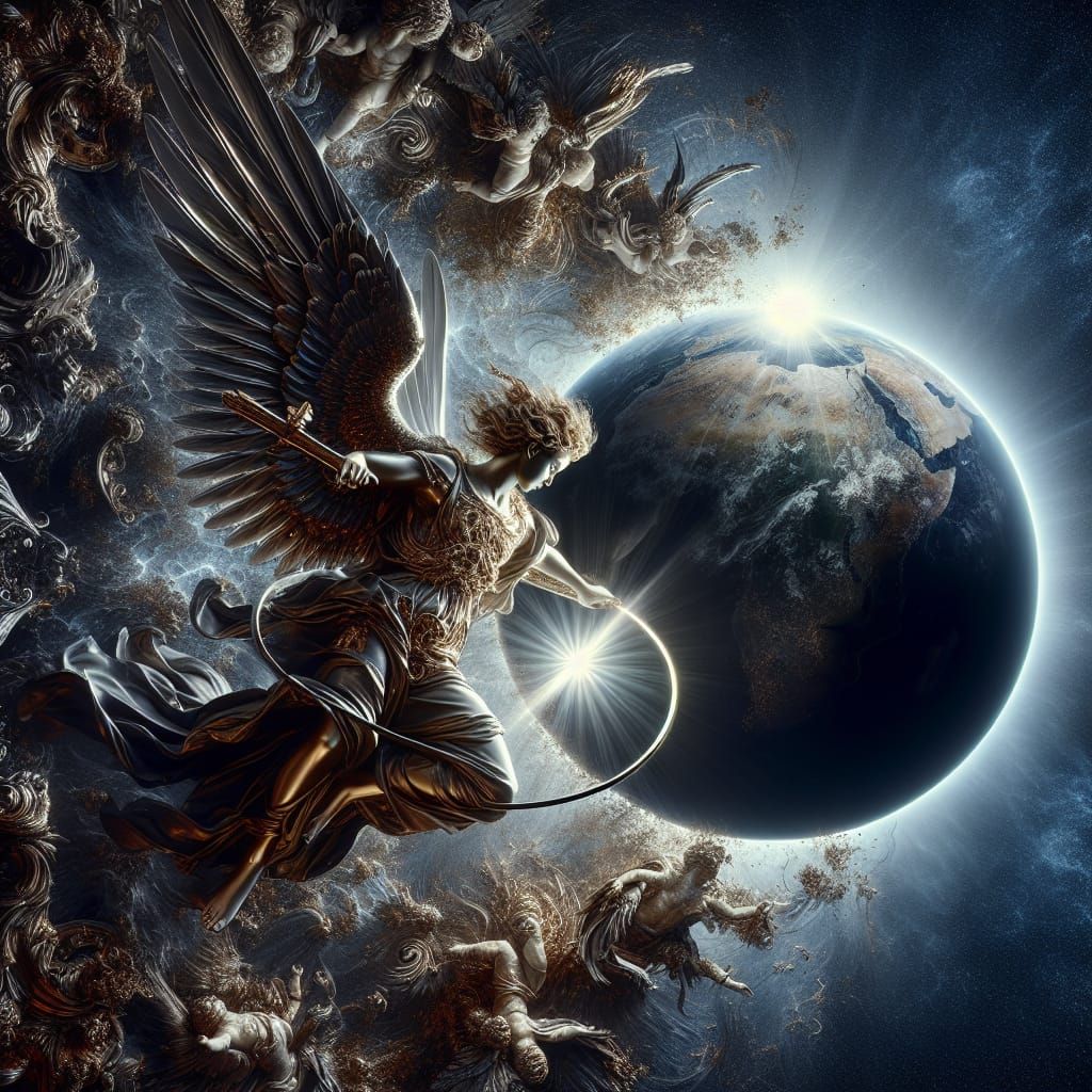 Dark Angel Smiting Earth During Solar Eclipse