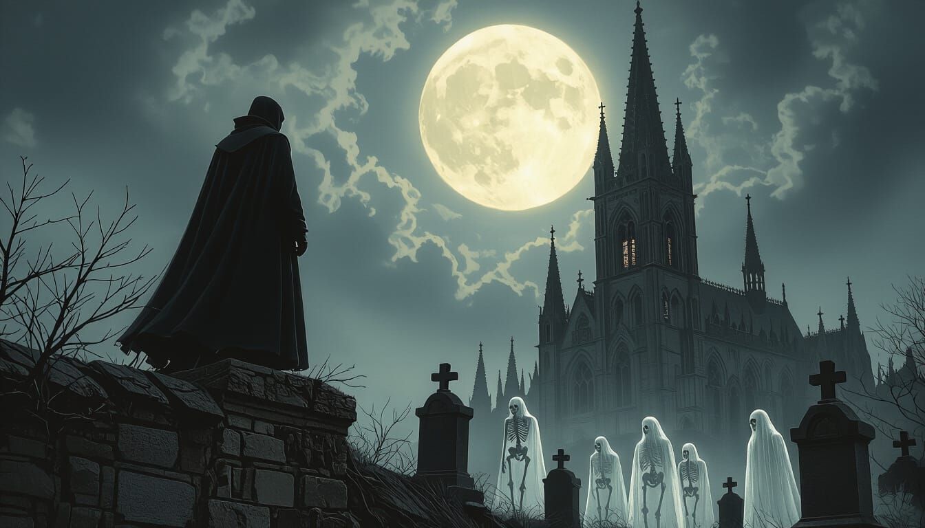 Gothic Watchman and Graveyard Skeletons in Romantic Style