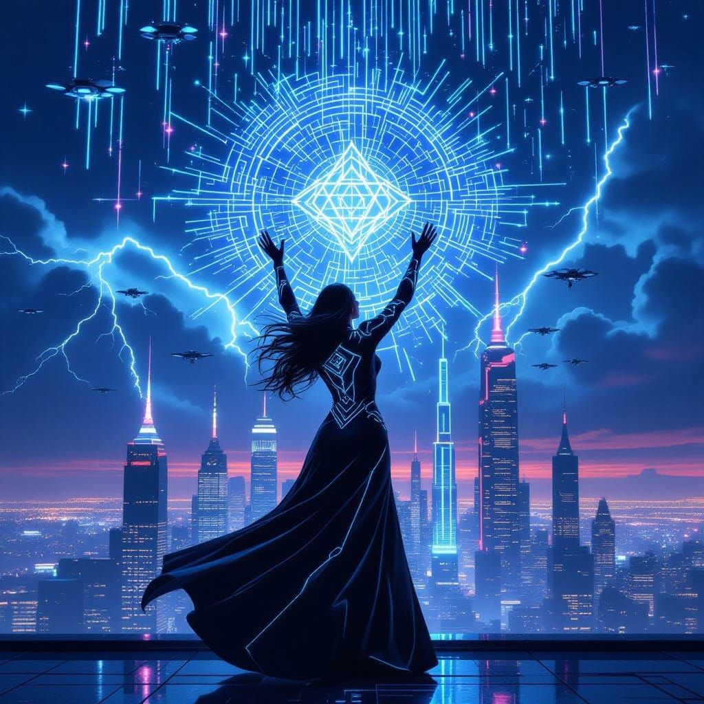 Cybernetic Witch Casts Digital Spell Over Futuristic City