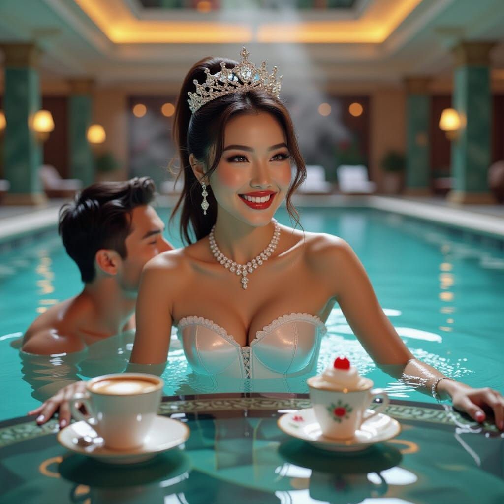 Hong Kong Girl in Diamond Crown Enjoys Pool Day