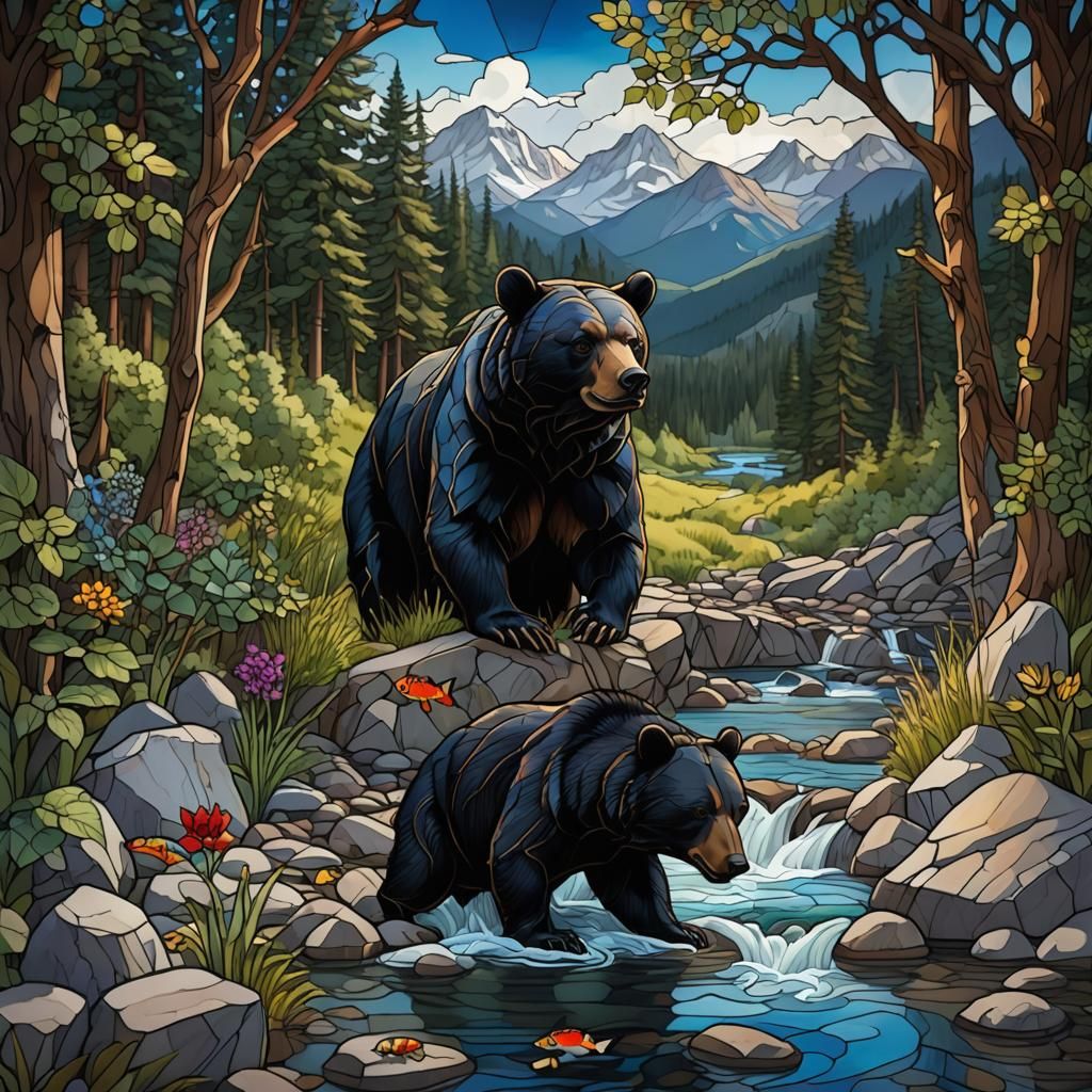 Stained Glass Black Bear in Rocky Mountain River