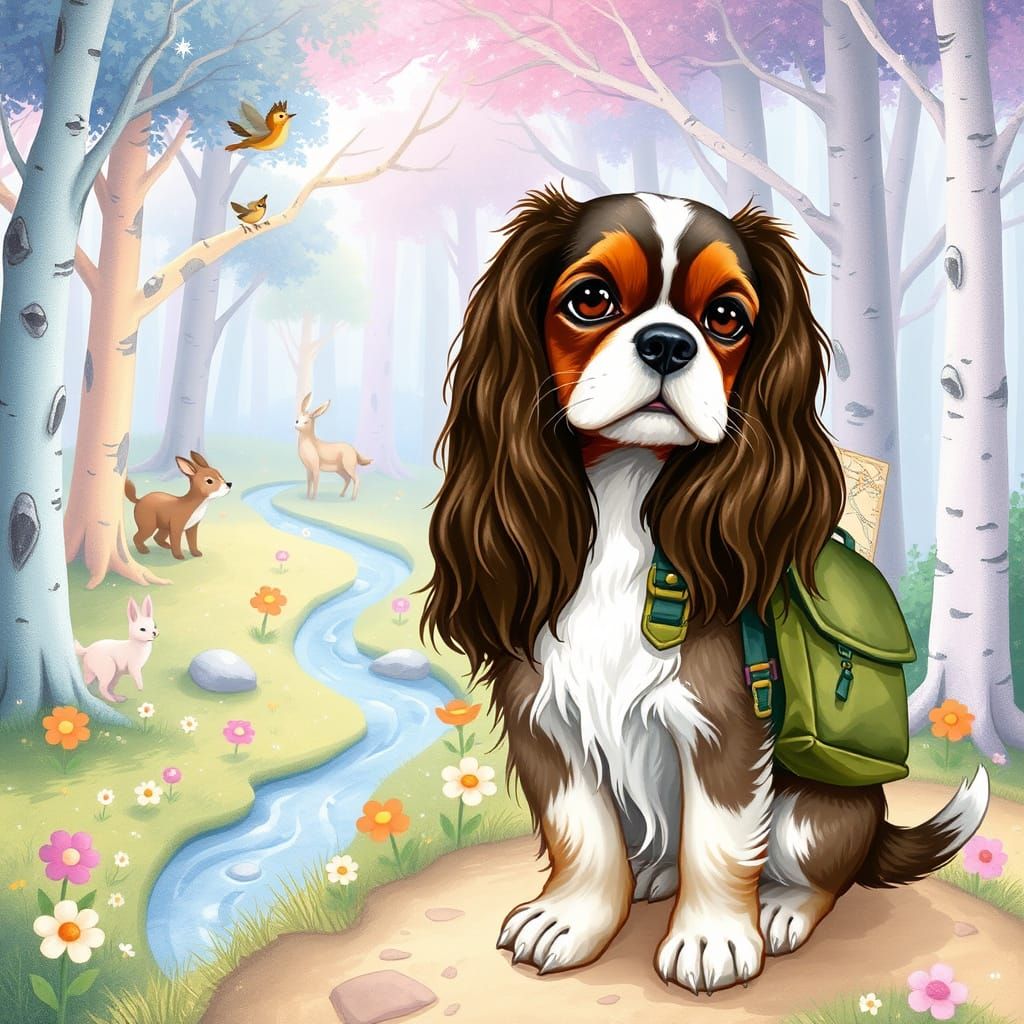 Whimsical Children's Book Illustration of Cavalier King Char...