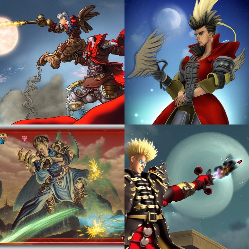 A Vash the Stampeed, The Humanoid Typhoon, firing his angel arm, Vash the SStampeed 
is firing his angel arm at one of t...