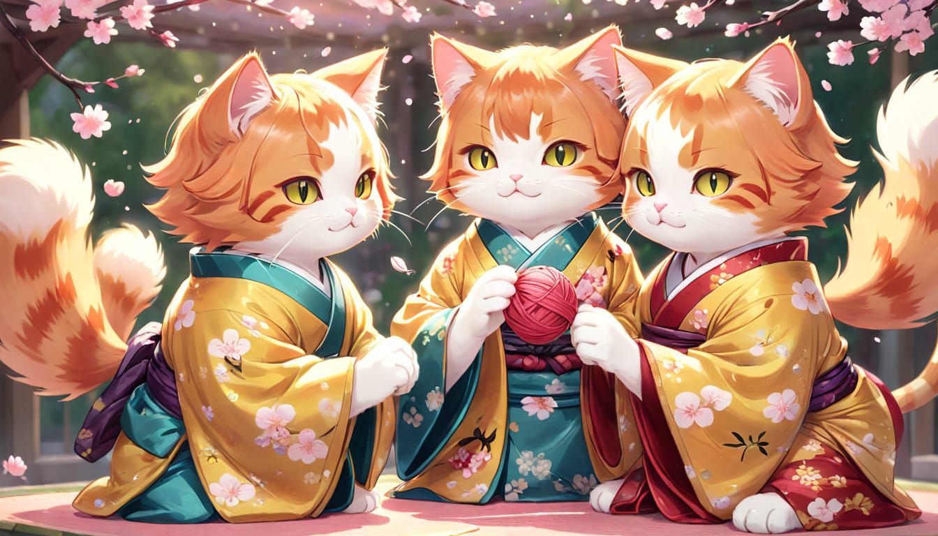 Whimsical Ginger Cats in Traditional Kimonos
