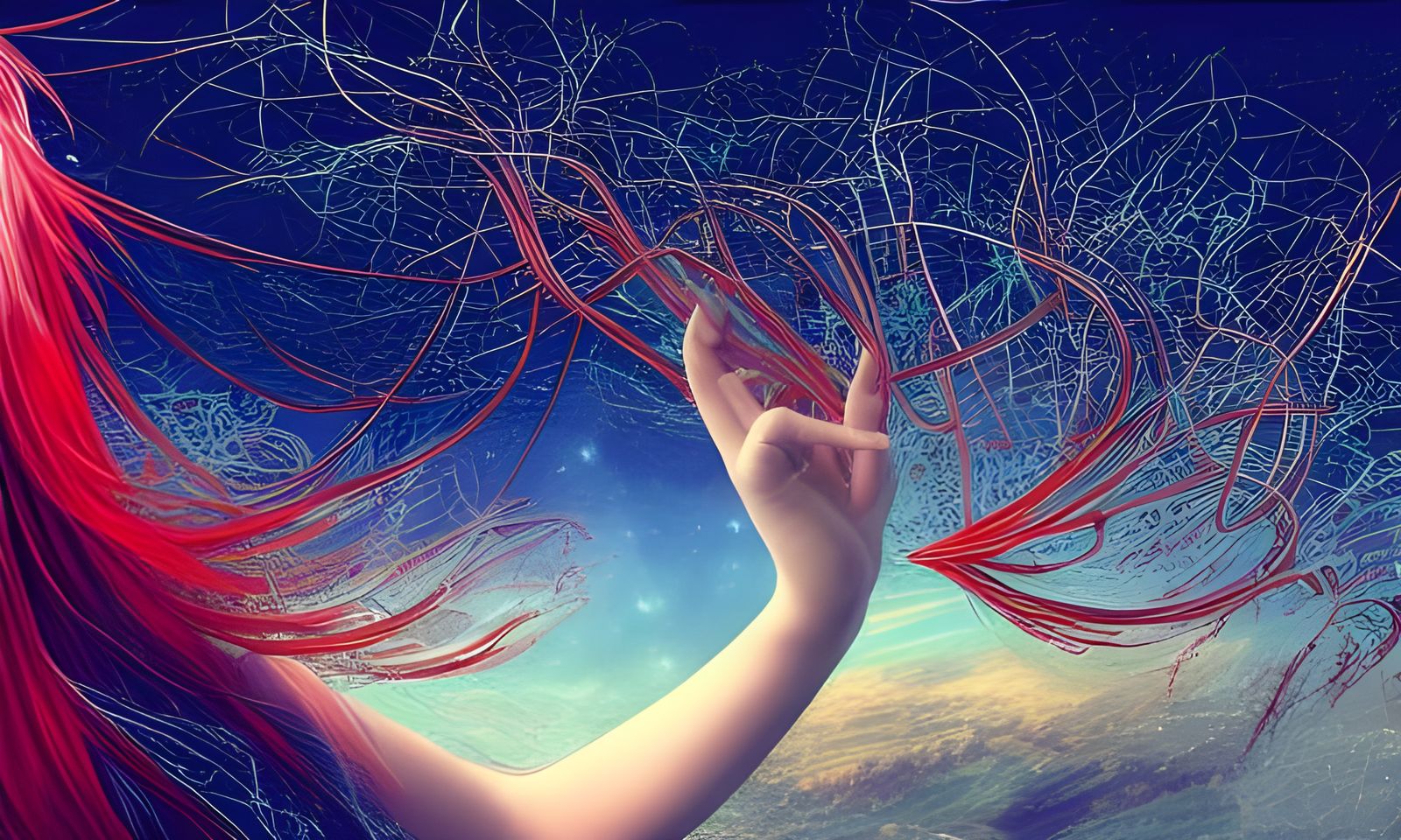 Red-Haired Woman with Volcano in Dreamcore Style