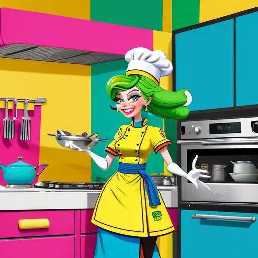 Cartoon Chef Running with Sign in Funk Art Style