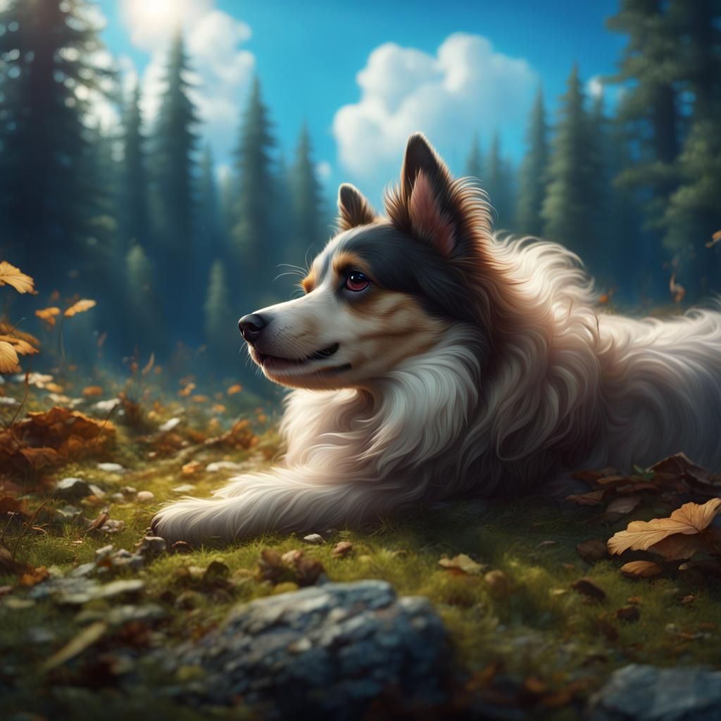 Adorable Dog in Forest Clearing: Fantasy Concept Art