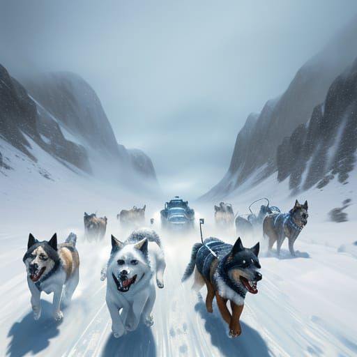 Dogs Pulling Sled Through Snowy Landscape