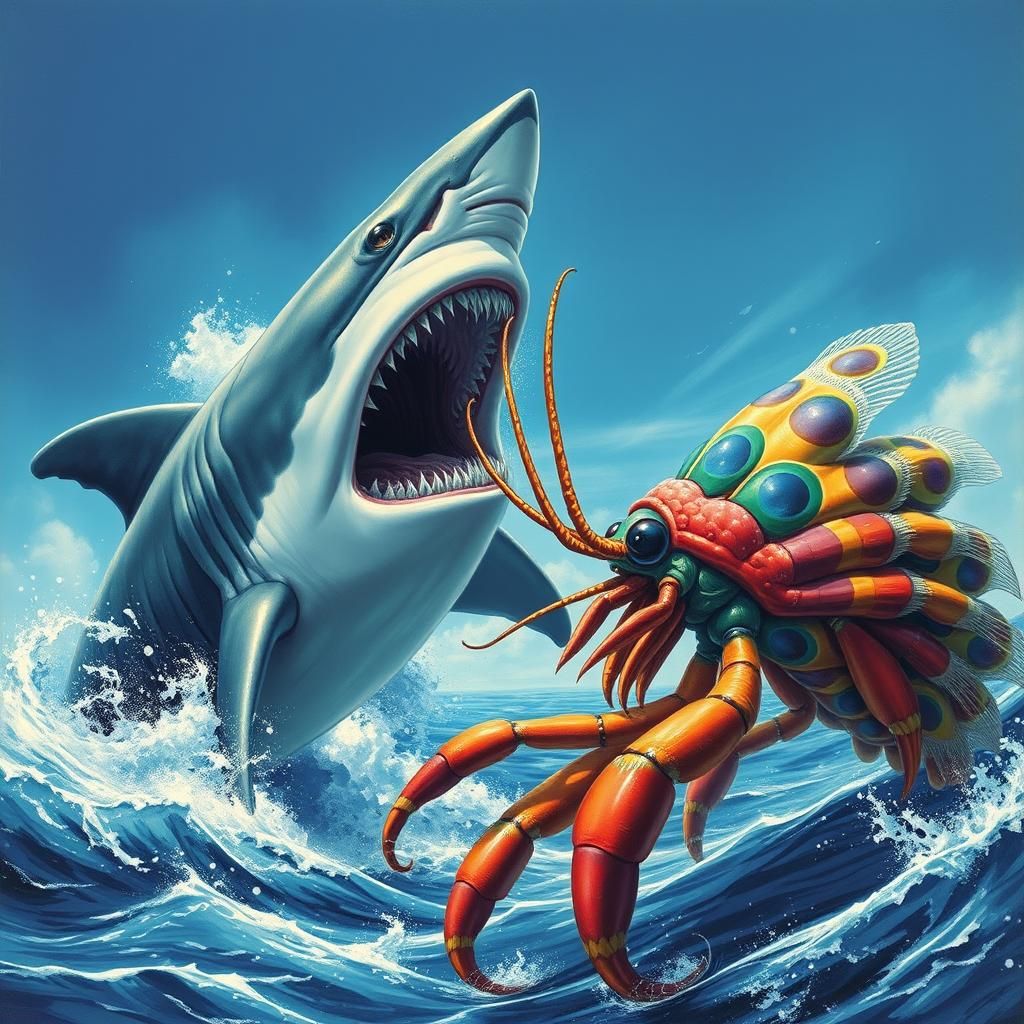 A megalodon facing off against a colossal Peacock mantis shr...