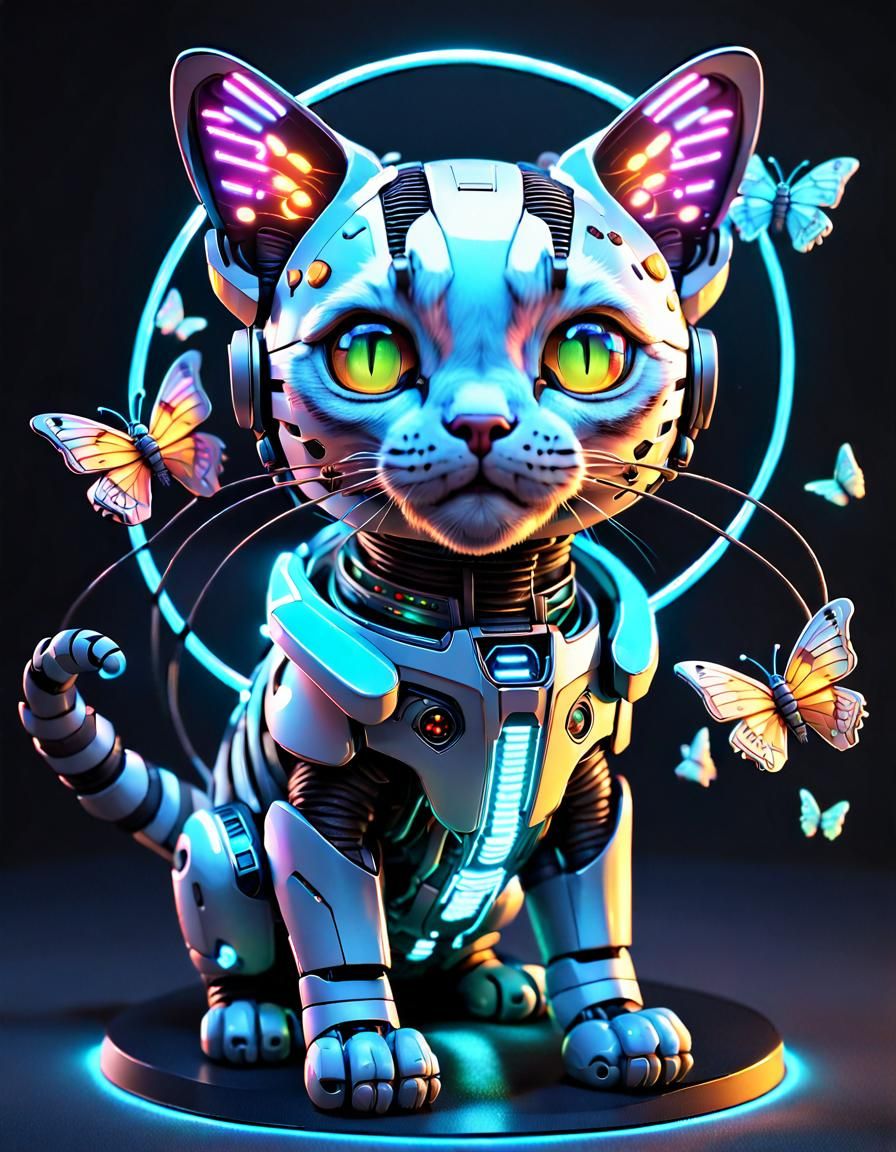 Cyberpunk Android Kitten with Robot Butterflies