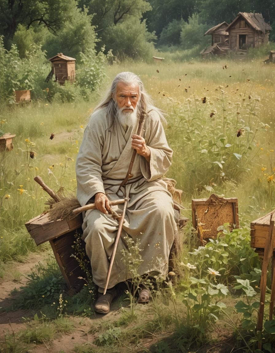 Monk with Scythe in Field of Bees: Digital Matte Painting
