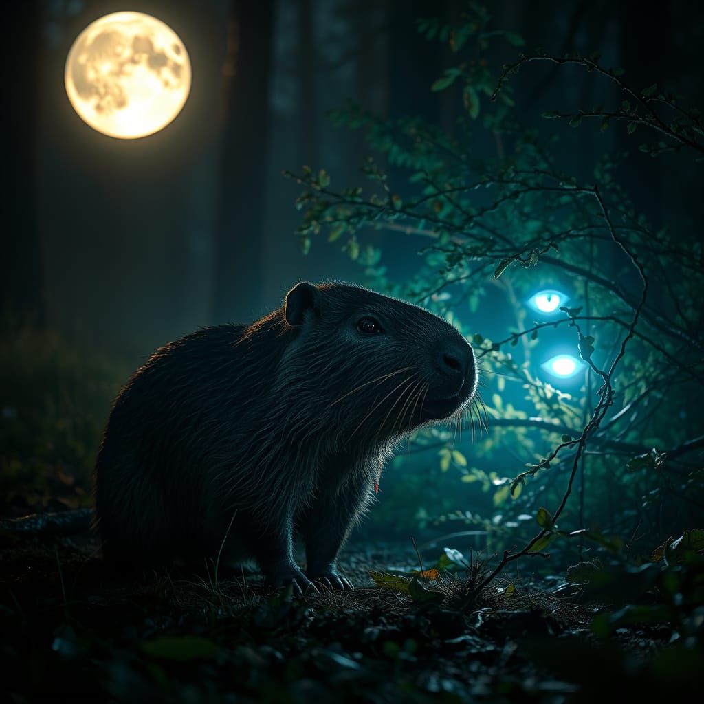 Moonlit Capybara Encounter in a Haunting Forest