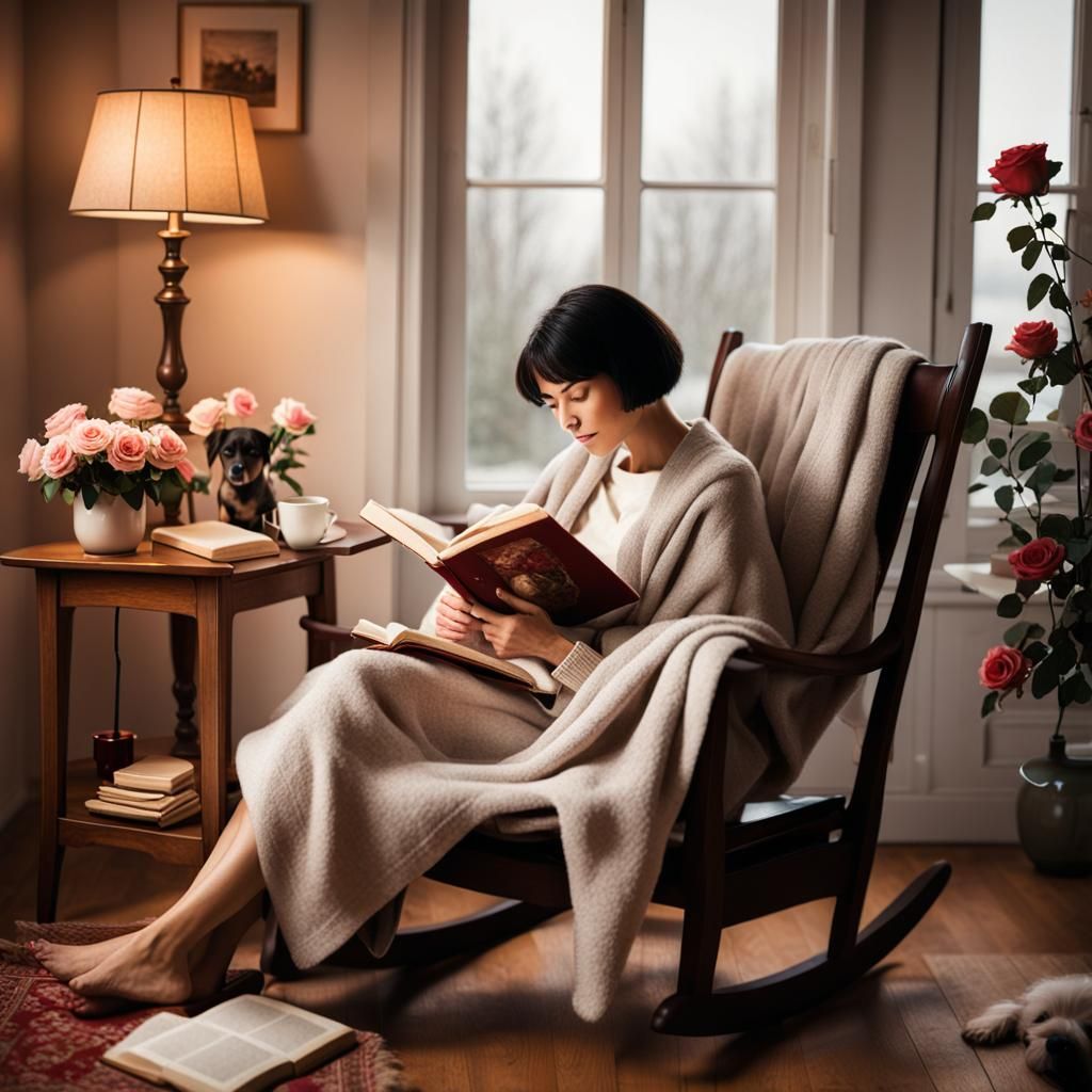 Cozy Watercolor of Girl Reading with Dog