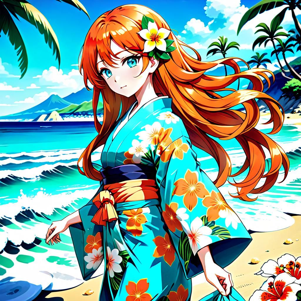 Anime Girl with Orange Hair on Tropical Beach