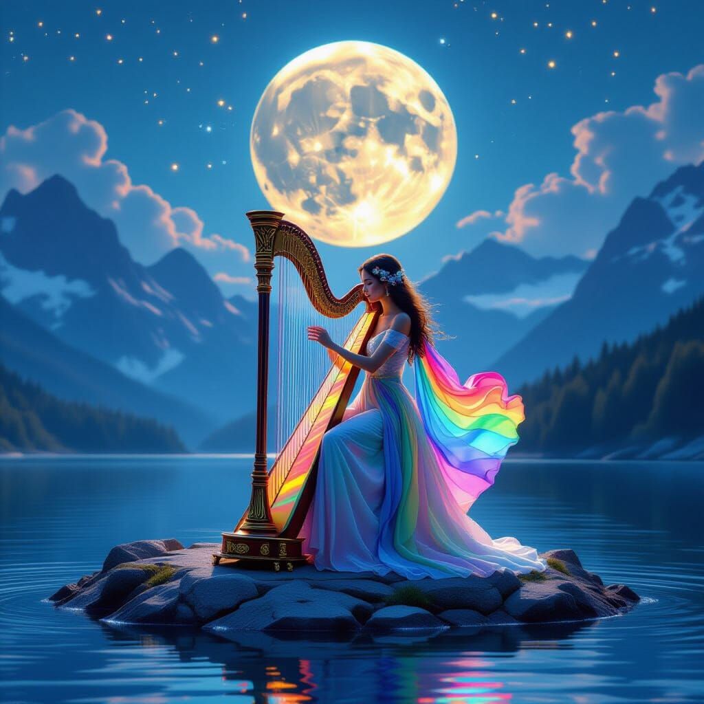 Woman Plays Rainbow Harp on Islet Under Moon