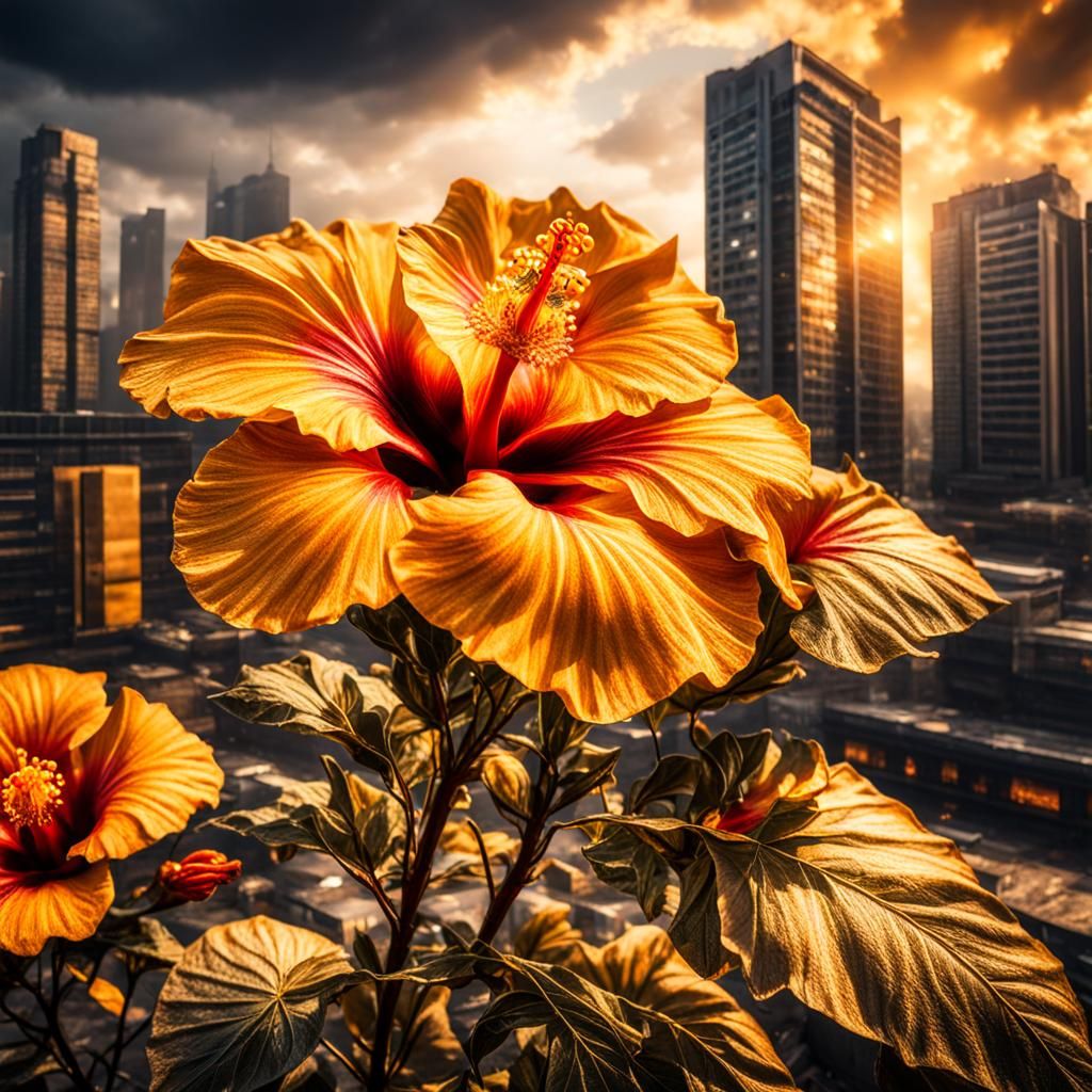 Golden Hibiscus Blooms in Apocalyptic City