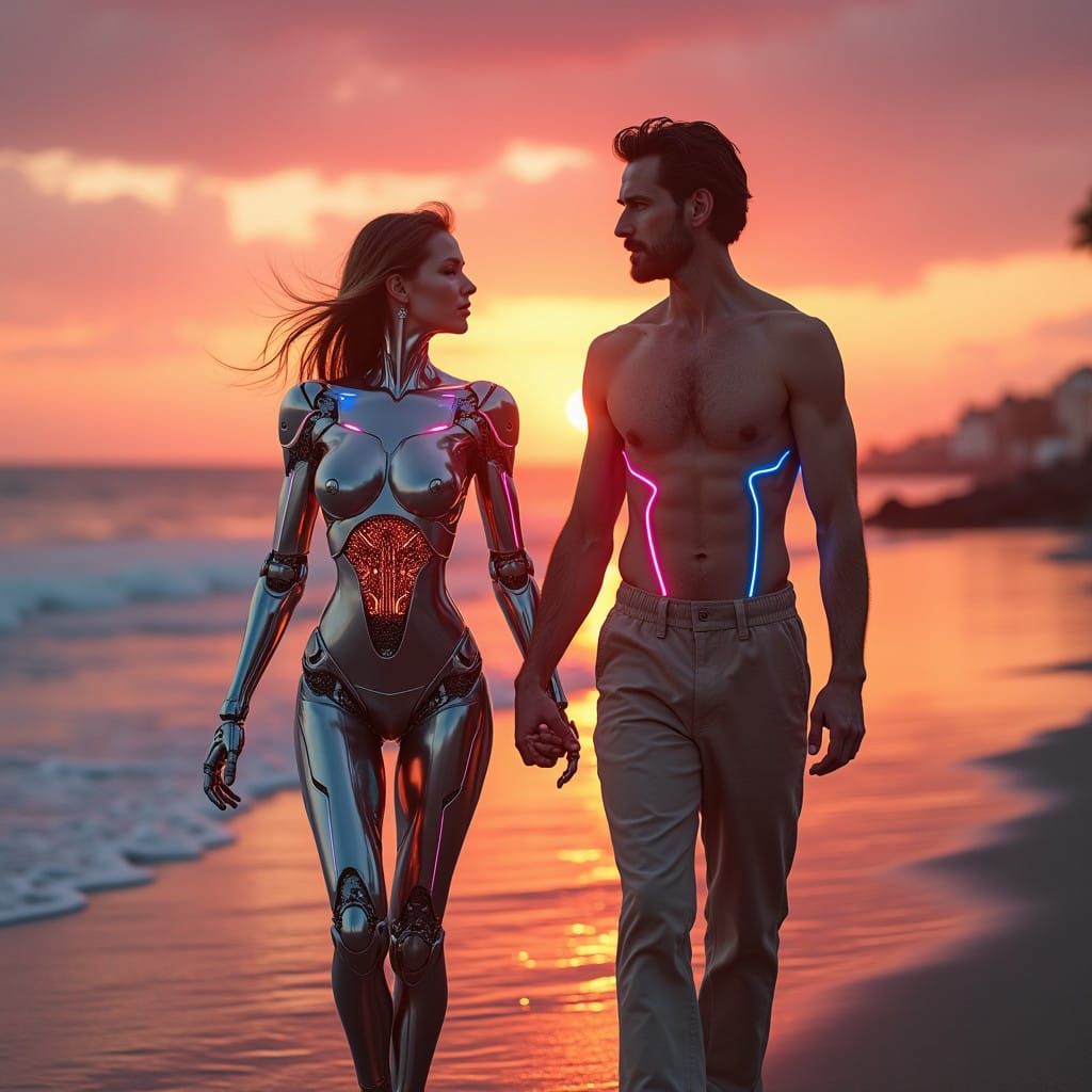 Romantic Futuristic Sunset on a Beach with Android