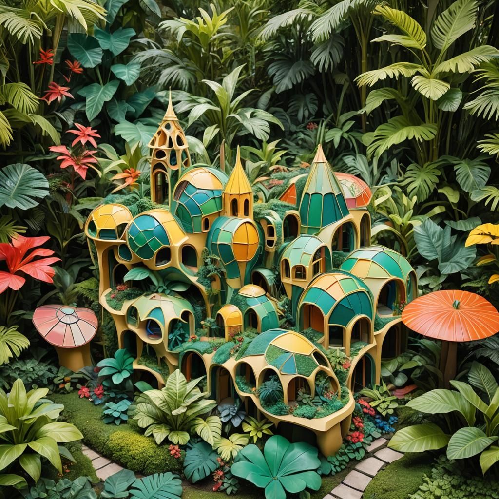 Vibrant Abstract Polymer Clay Sculpture in Lush Garden