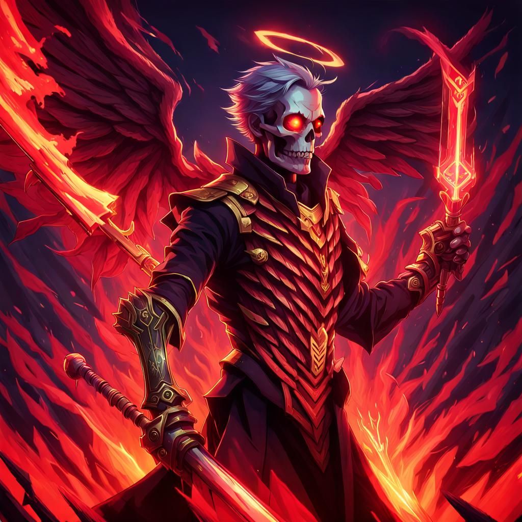 Skeleton Warrior with Flaming Wings Anime Style