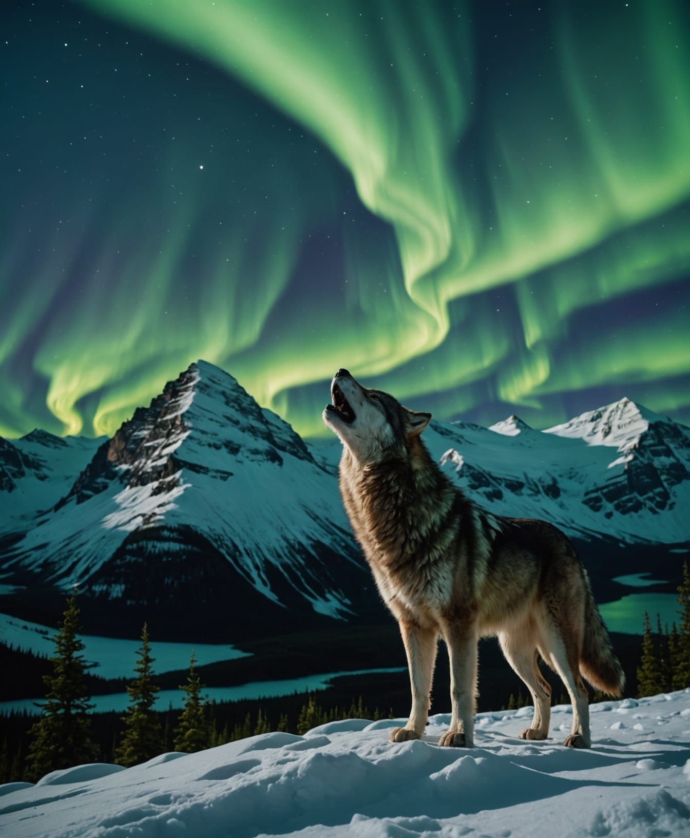 A lone wolf howling on a snowy peak, aurora borealis swirlin...