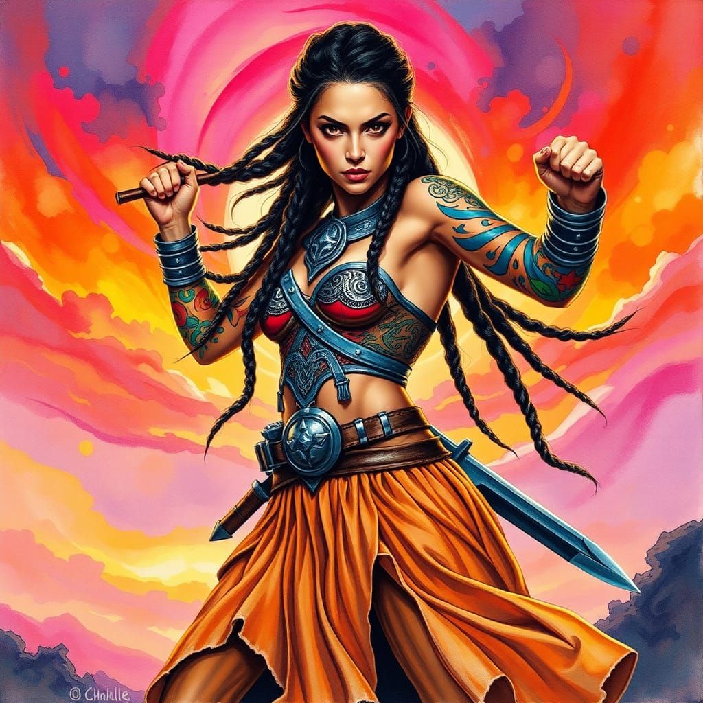 Latina Warrioress in Action with Sunset Background