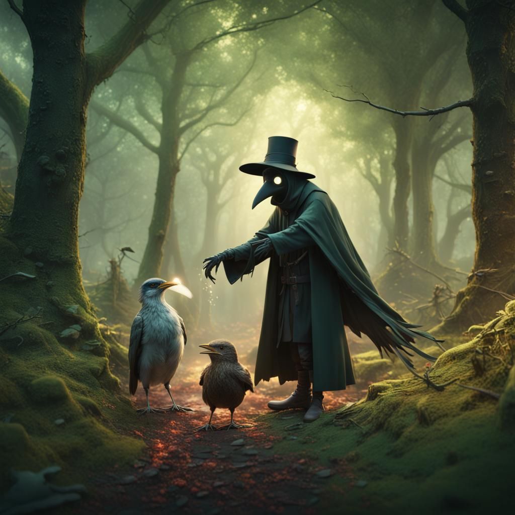 Plague Doctor Helping Robin in Green Forest