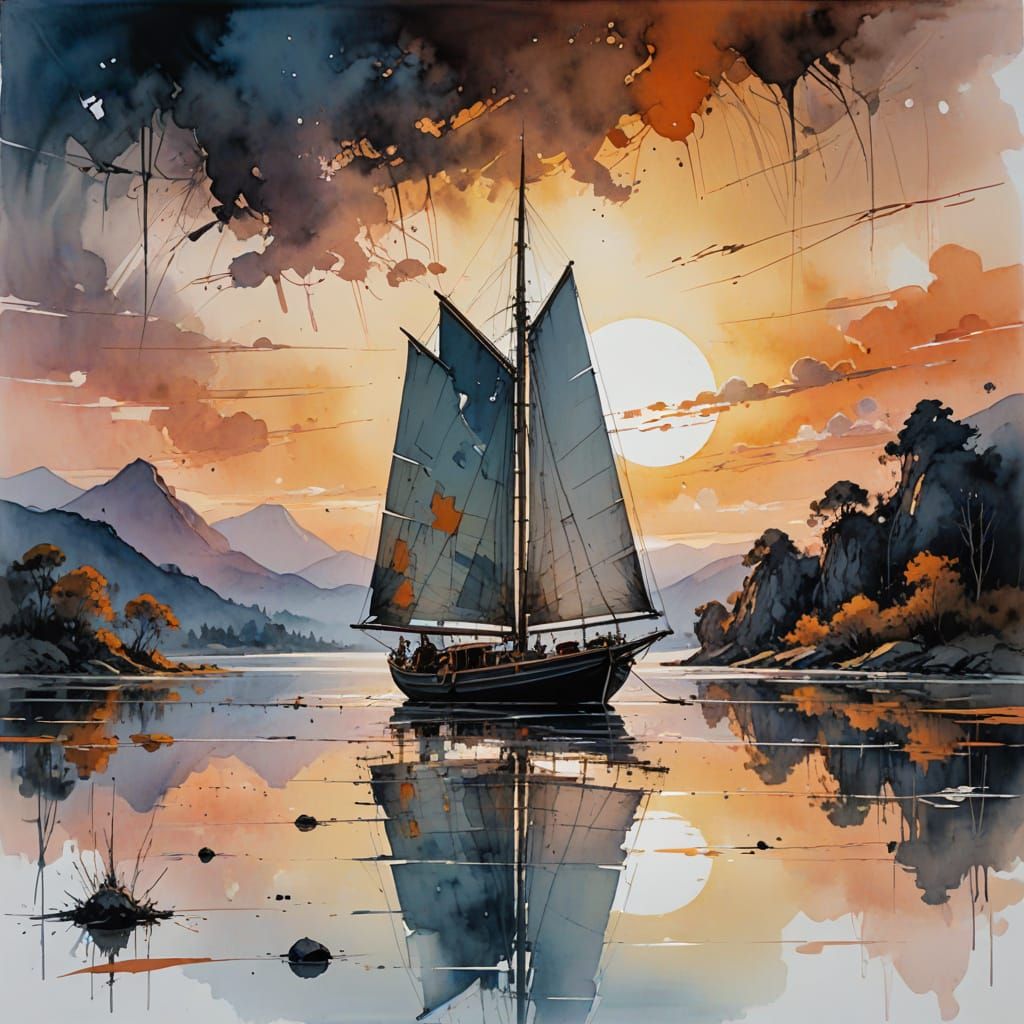 Sunset Sailboat: Watercolor and Cinematic Fusion