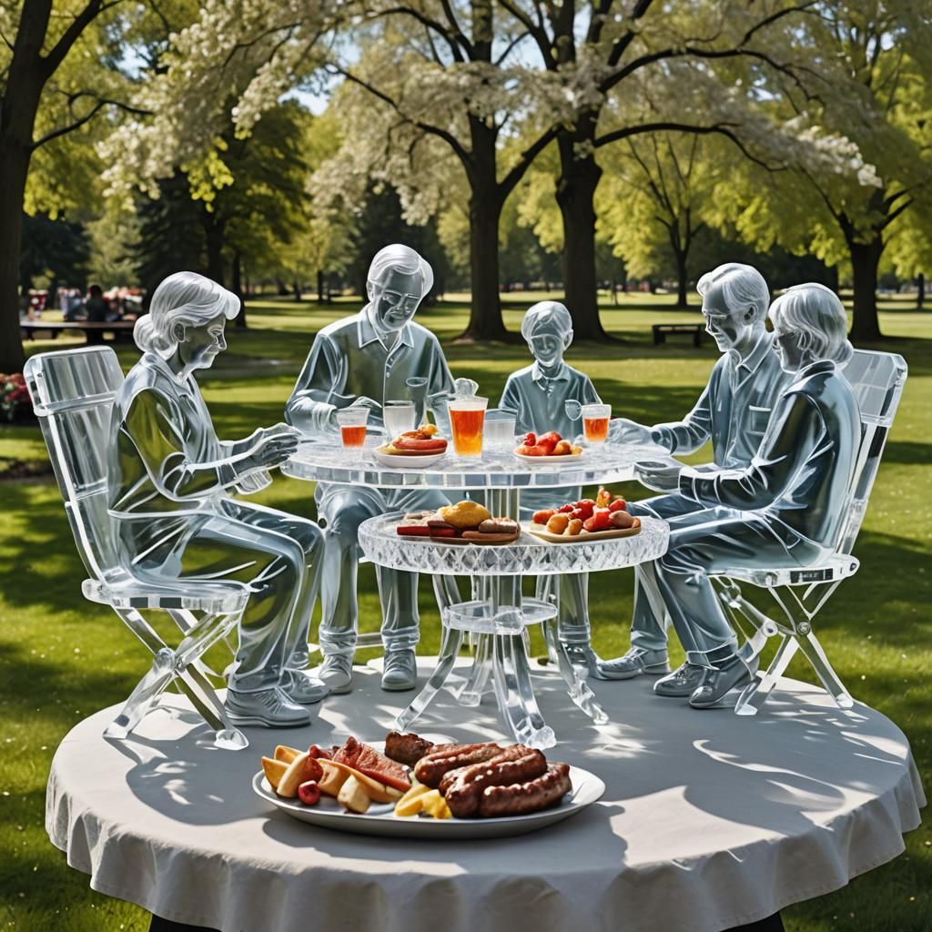 Crystal Sculpture of Family Barbecue in Park