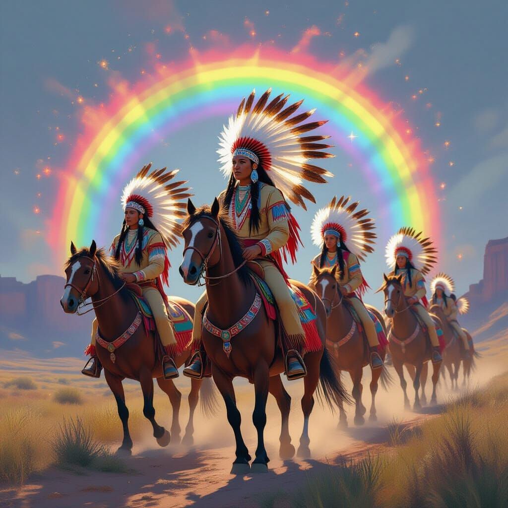 Native American Warriors in Rainbow Aura, Stylized Art