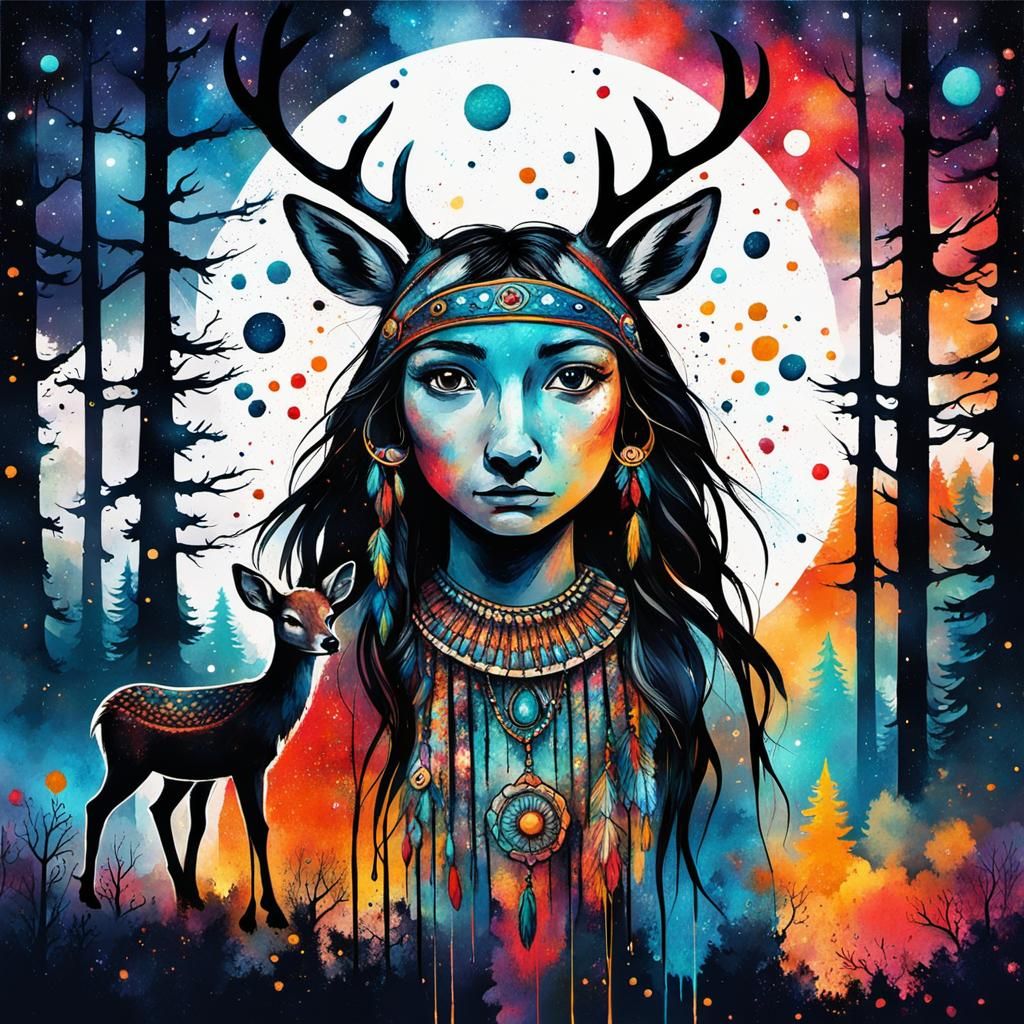 Native Girl and Deer Under Starry Sky
