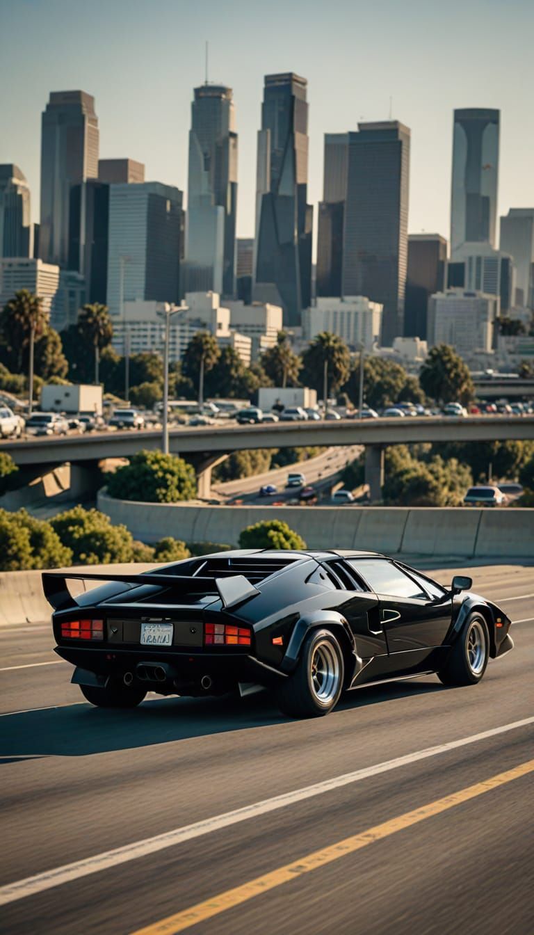 Speeding Lamborghini Countach LP 400 S on LA Freeway