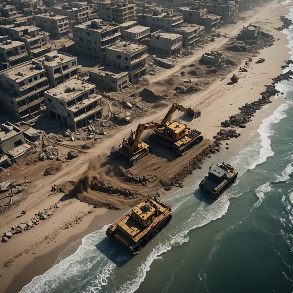 Fantastical Scene of Bulldozers and the Sea