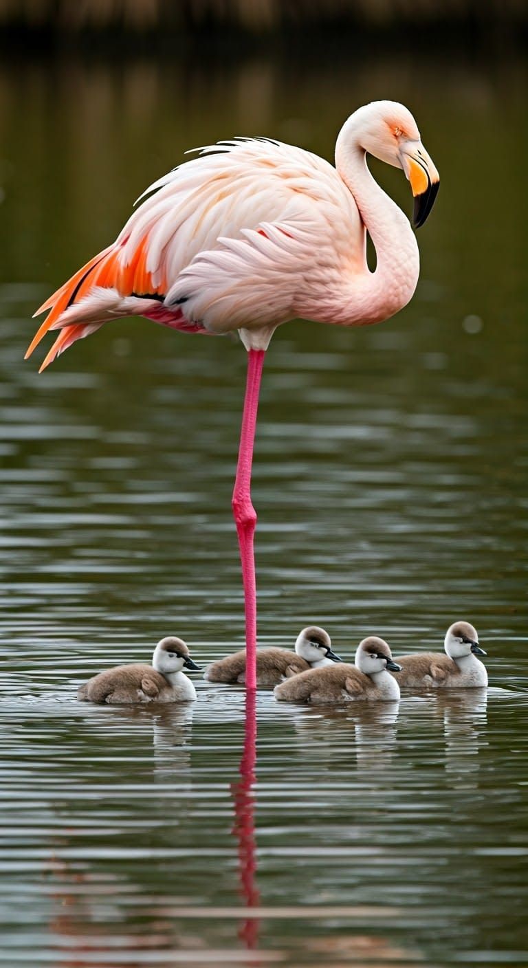 Pink Flamingo with Ducklings in Water
