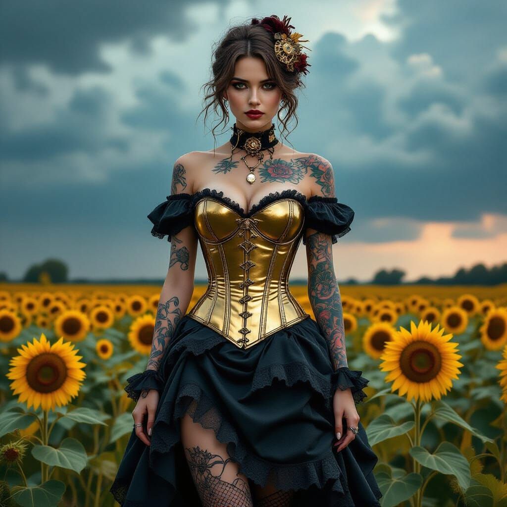 Steampunk Woman with Botanical Tattoos in Sunflower Field