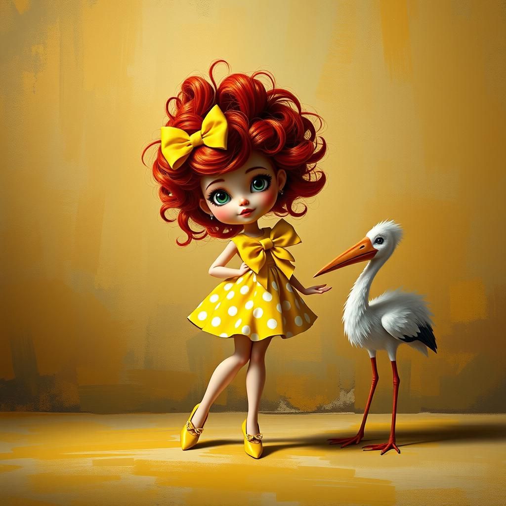 Whimsical Doll Girl Illustration in Art Nouveau Style