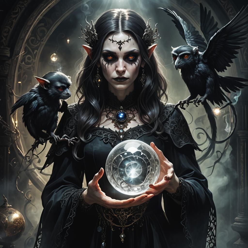 Gothic Witch and Flying Monkey in Crystal Ball