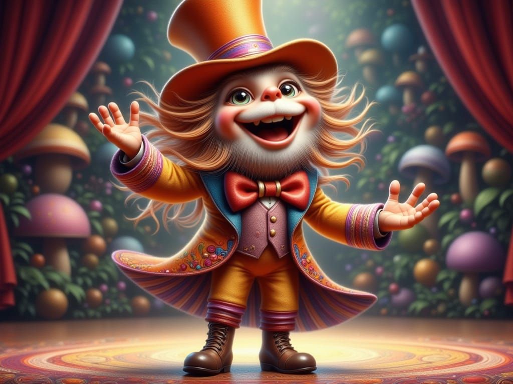 Vaudeville Mushroom Entertainer in Whimsical Fantasy Setting