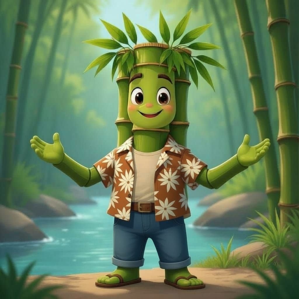 Bamboo J Cartoon Character Standing by River