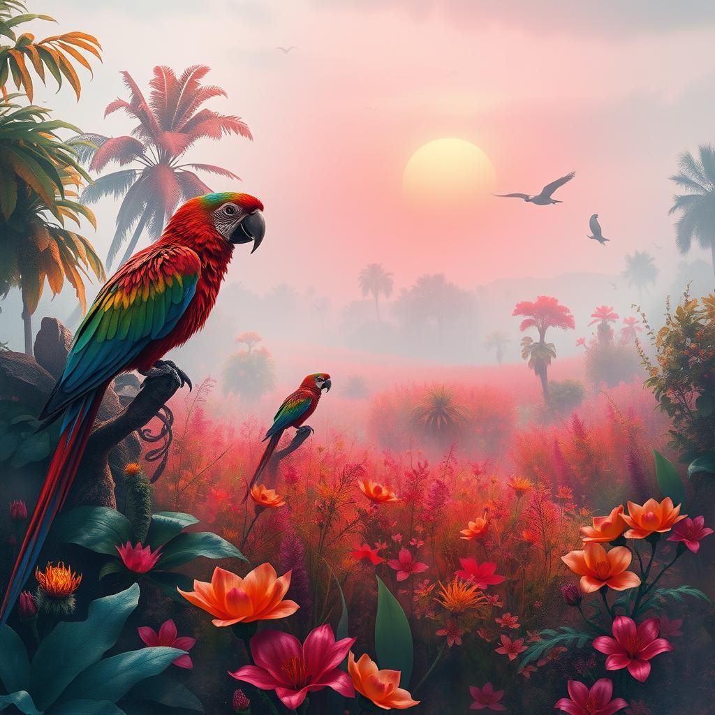 Cybernetic Parrots in Sci-Fi Jungle, Watercolor Style