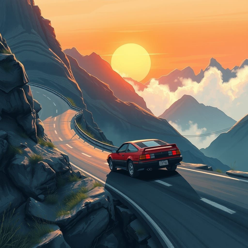 Red Toyota AE86 on Mountain Road in Anime Style