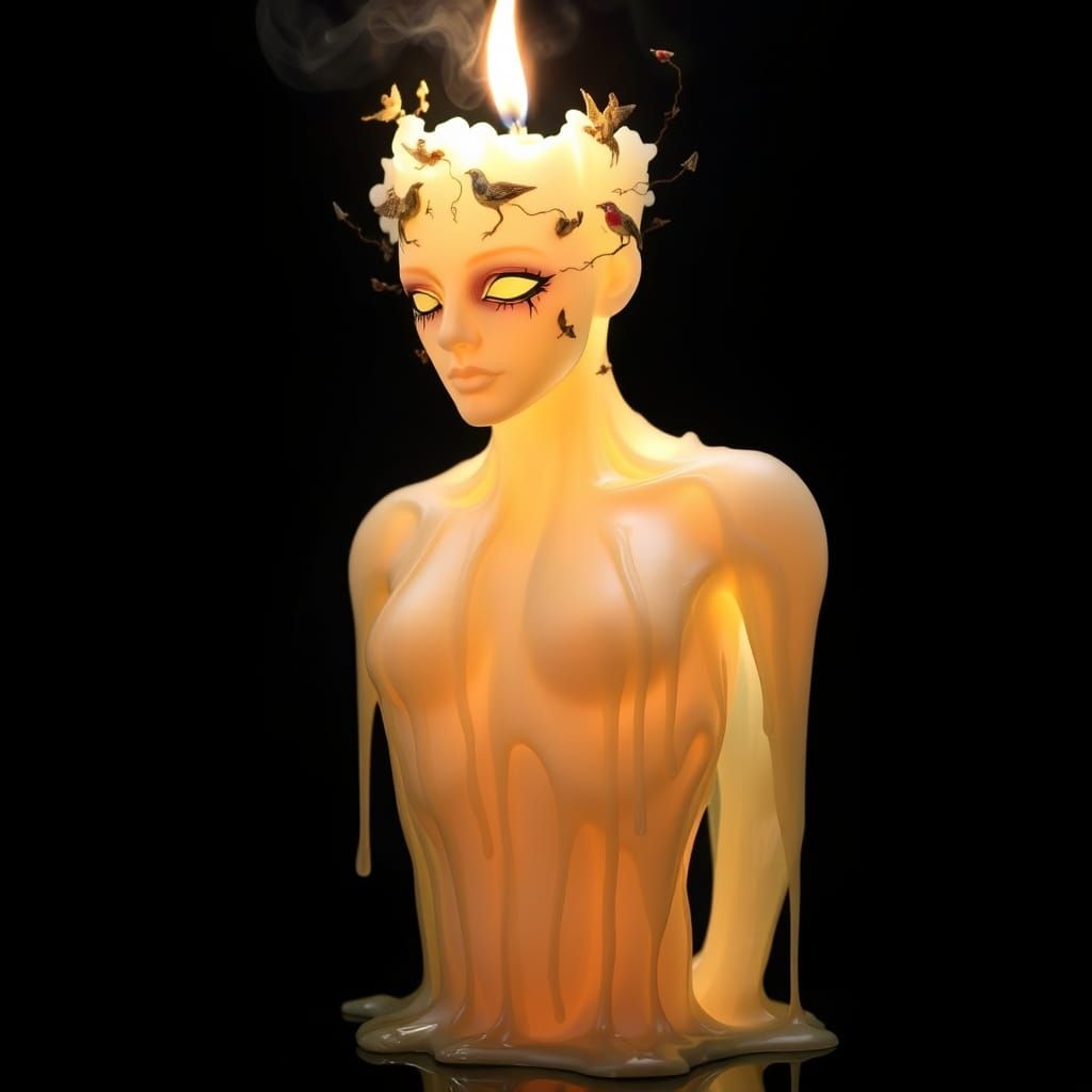 Surreal Wax Bust with Candle Flame
