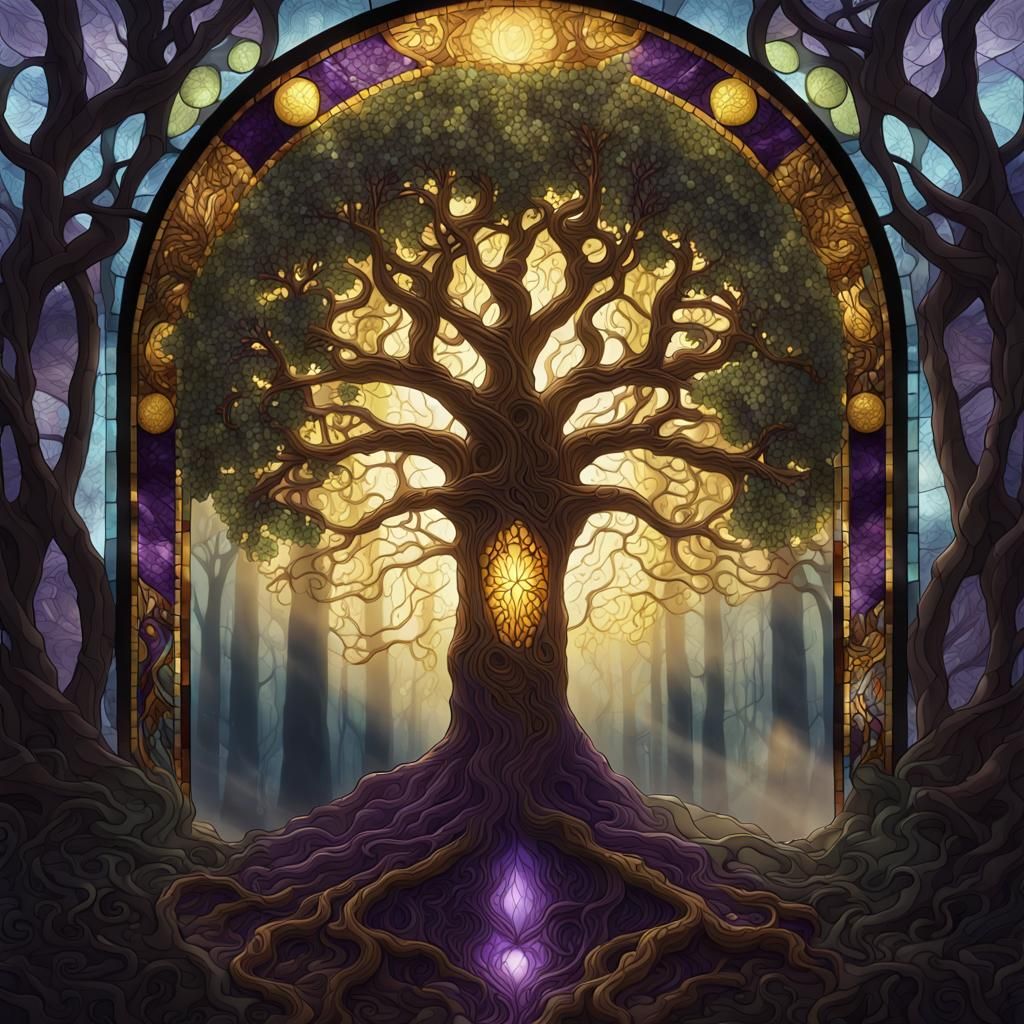 Stained Glass Tree of Life in Misty Forest