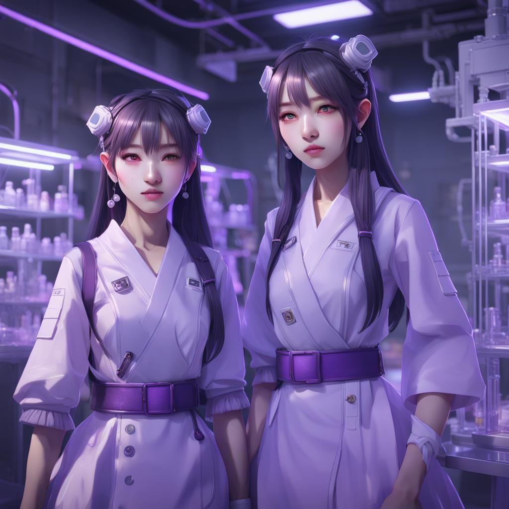 South Korean Cute Sisters dressed as Oola Oop arrive in a scientists labratory, held in a pulsing purple light.